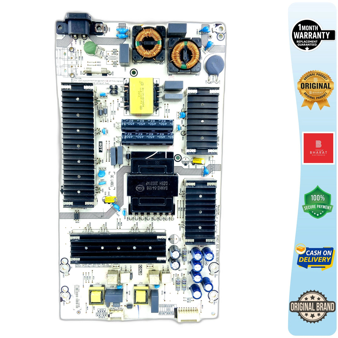 Hisense LED TV power supply circuit board with capacitors, coils, heat sinks, and warranty badge
