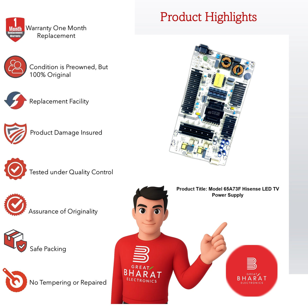 Model 65A73F Hisense LED TV power supply board with product highlights and Great Bharat Electronics mascot