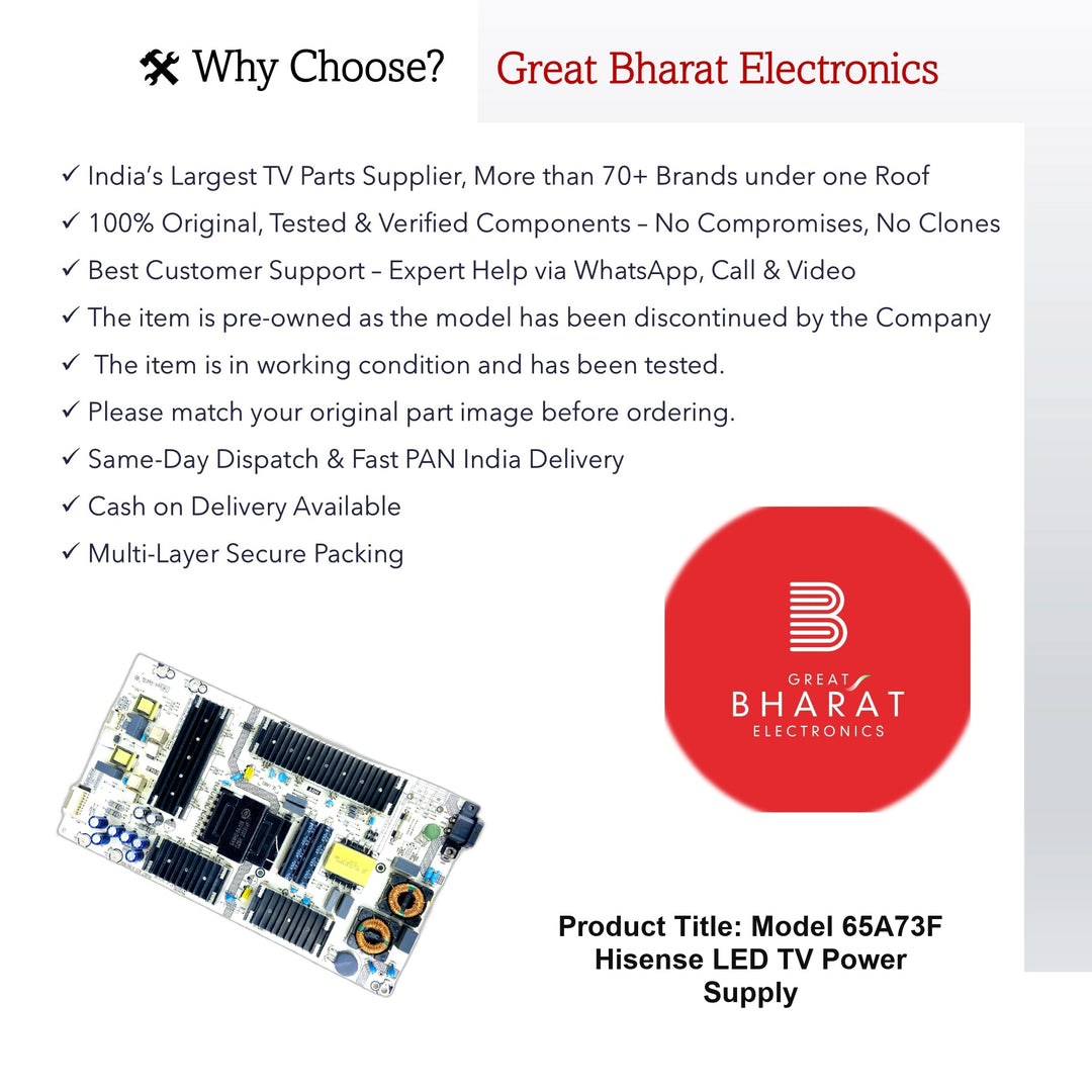 Hisense LED TV power supply board model 65A73F with Great Bharat Electronics logo and product features