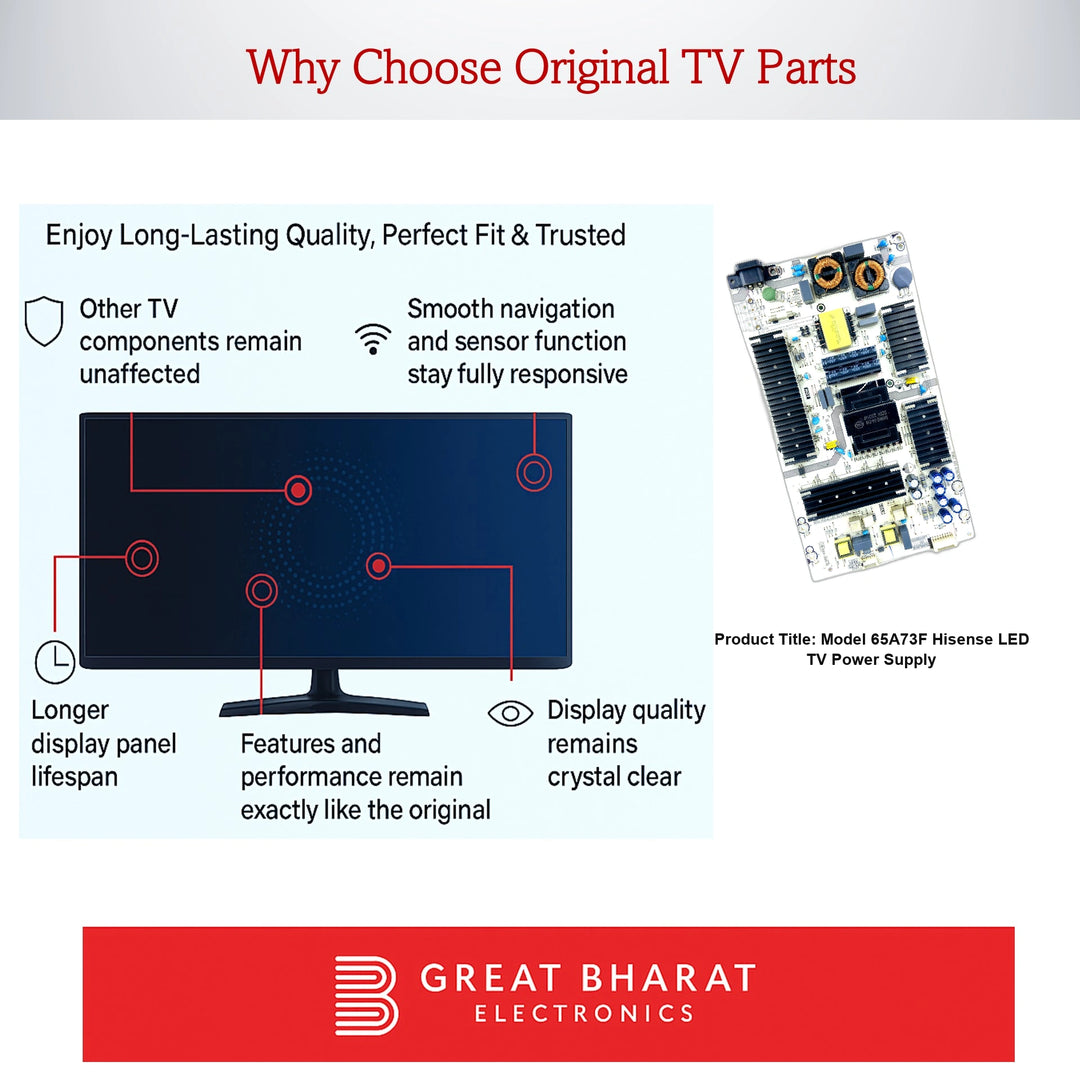 Infographic showing benefits of original TV parts with Hisense LED TV power supply circuit board and Great Bharat Electronics logo