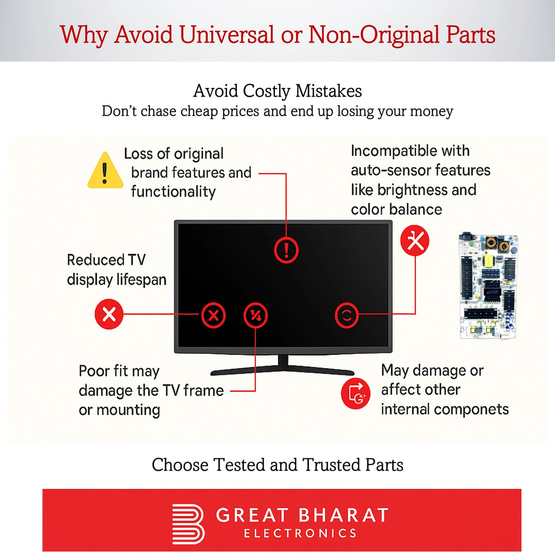 Diagram highlighting risks of using non-original TV parts, affecting display lifespan and functionality