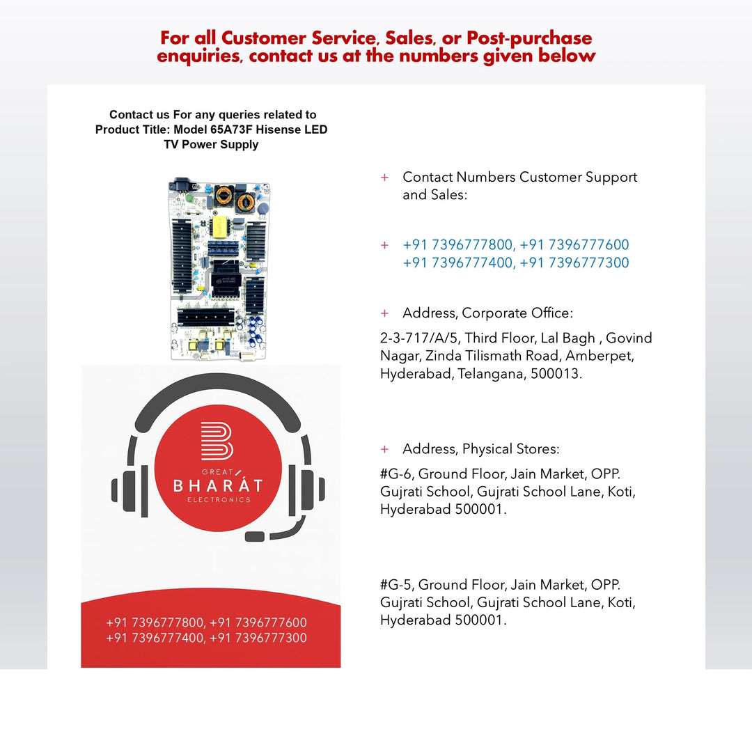 Contact page with Hisense LED TV power supply image, Great Bharat Electronics logo, support phone numbers, and Hyderabad addresses