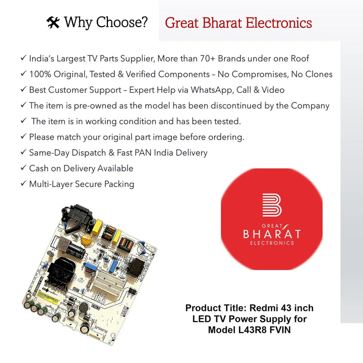 Redmi 43 inch LED TV Power Supply for Model L43R8-FVIN - Great Bharat Electronics