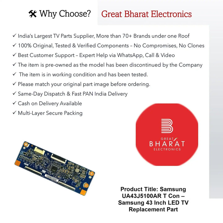 Samsung UA43J5100AR T-Con Board – Original Samsung 43 Inch LED TV Part - Great Bharat Electronics