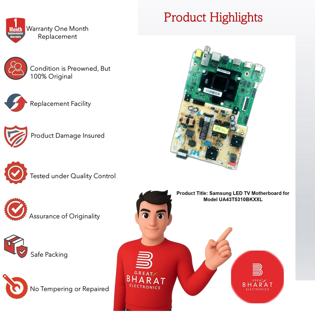 Samsung LED TV motherboard for UA43T5310BKXXL with product highlights and warranty details