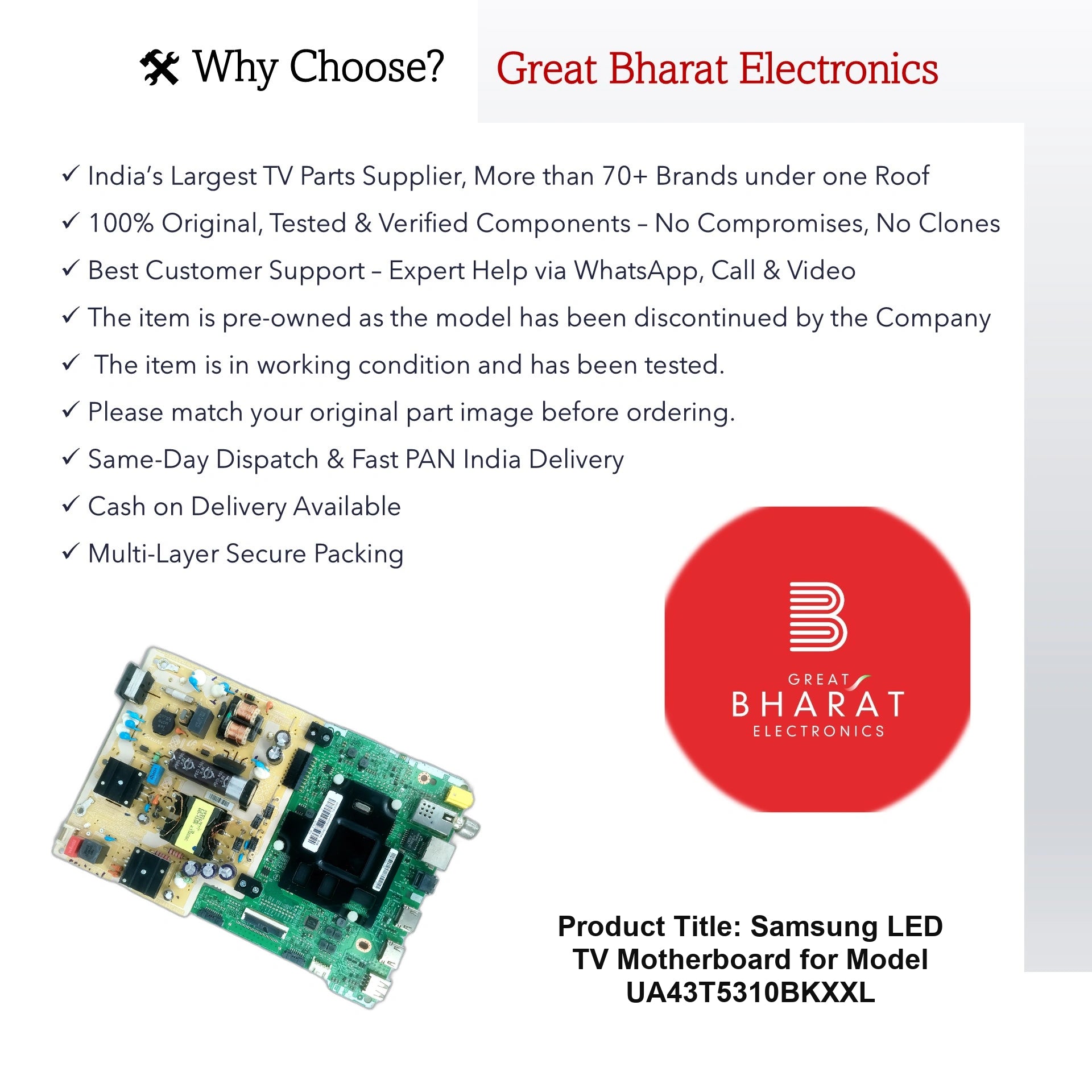Samsung LED TV motherboard for UA43T5310BKXXL by Great Bharat Electronics with features list