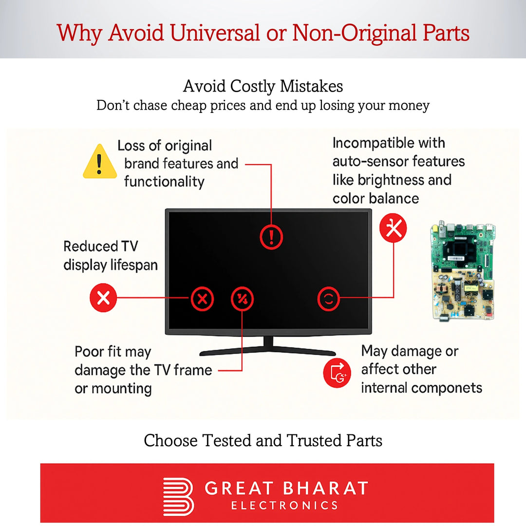 Infographic showing risks of using universal TV parts, with Samsung LED TV motherboard and warning icons.