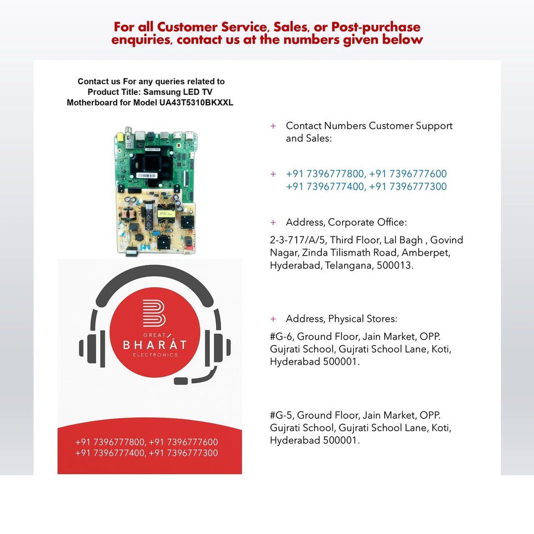 Samsung LED TV motherboard for model UA43T5310BKXXL with Bharat Electronics contact info