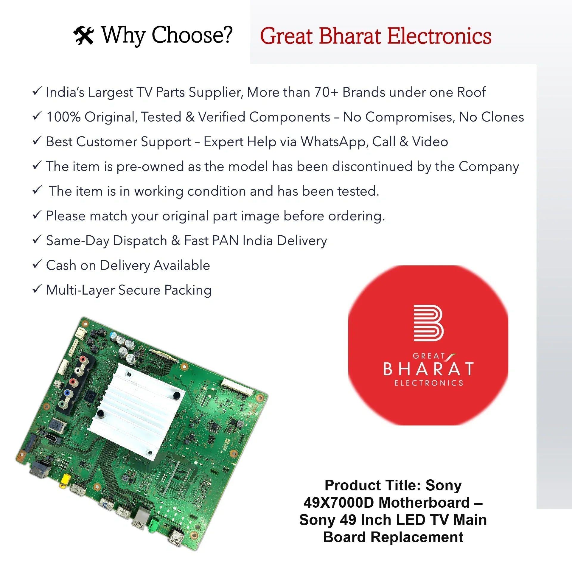 Sony 49X7000D Motherboard – Original Sony 49 Inch LED TV Main Board - Great Bharat Electronics