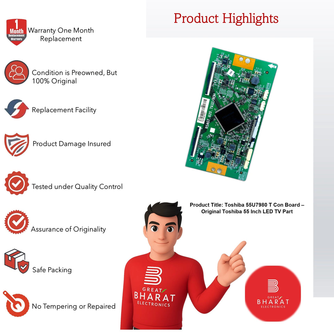 Toshiba 55U7980 T Con Board TV part with Great Bharat Electronics mascot and product highlights
