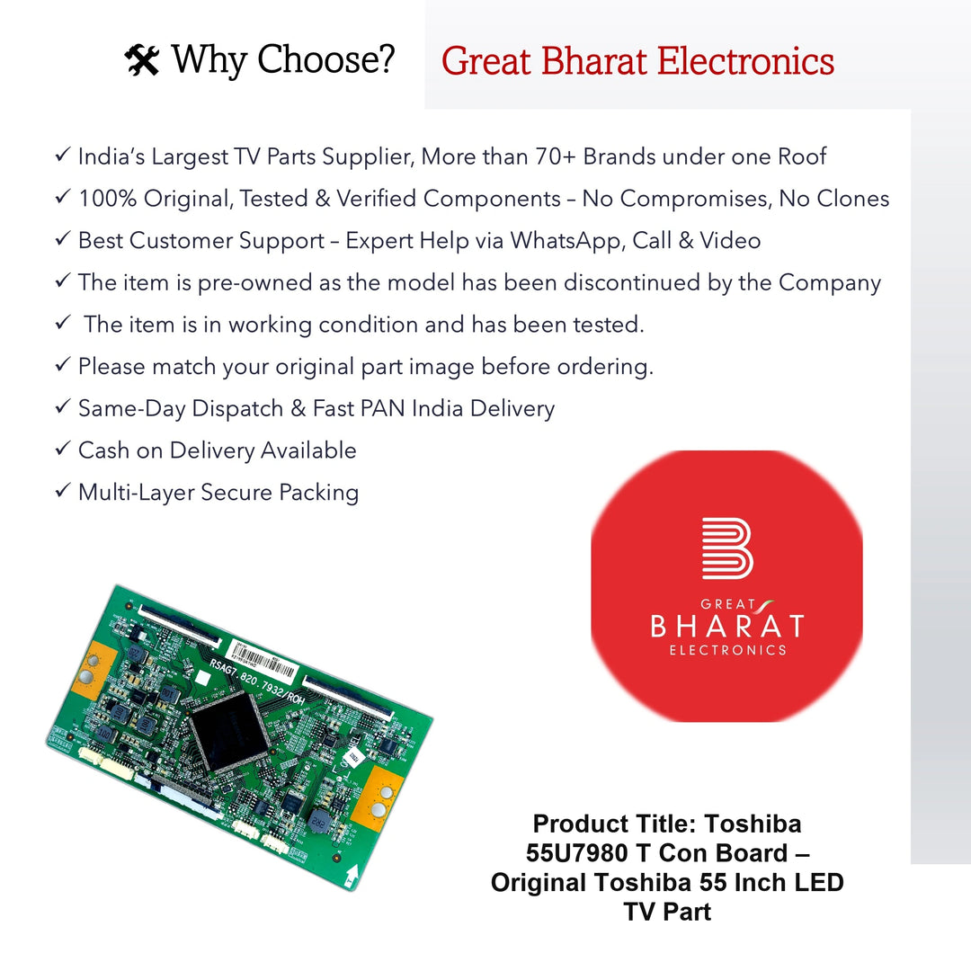 Toshiba 55U7980 T Con Board original LED TV circuit board with Great Bharat Electronics branding