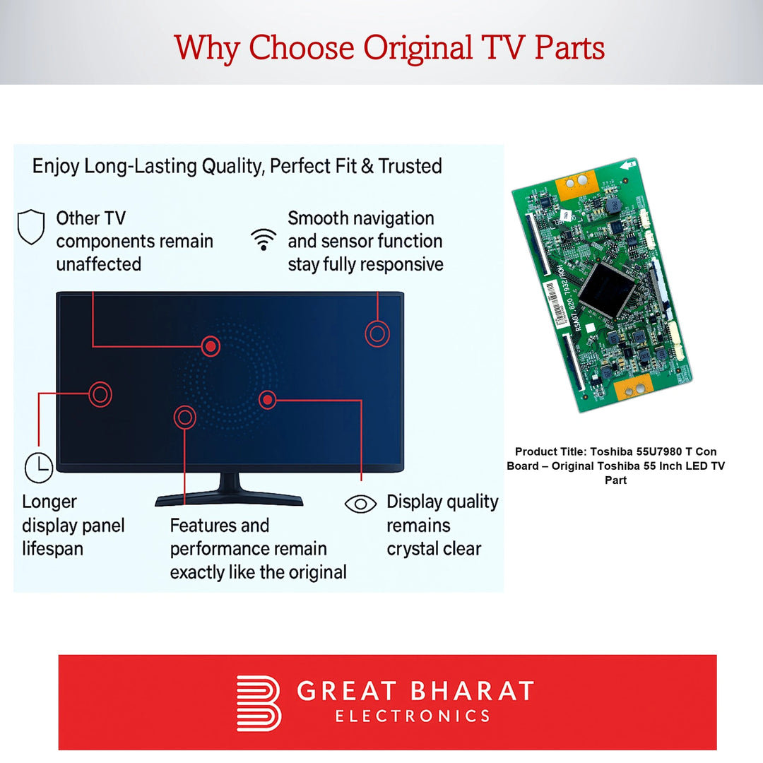 Infographic showing benefits of original TV parts with Toshiba 55U7980 T Con Board image and Great Bharat Electronics logo