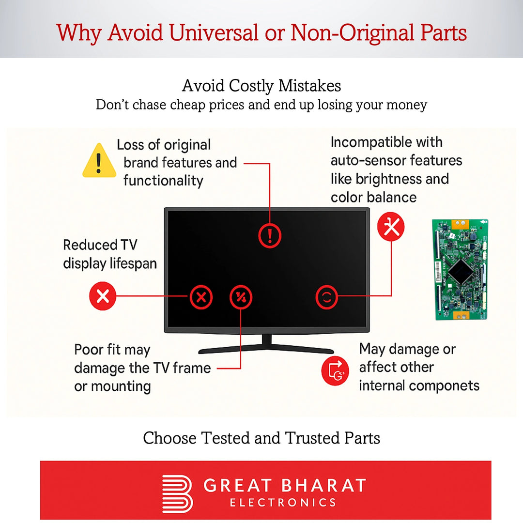 Infographic explaining why to avoid universal or non-original TV parts, showing a TV screen and circuit board with warnings