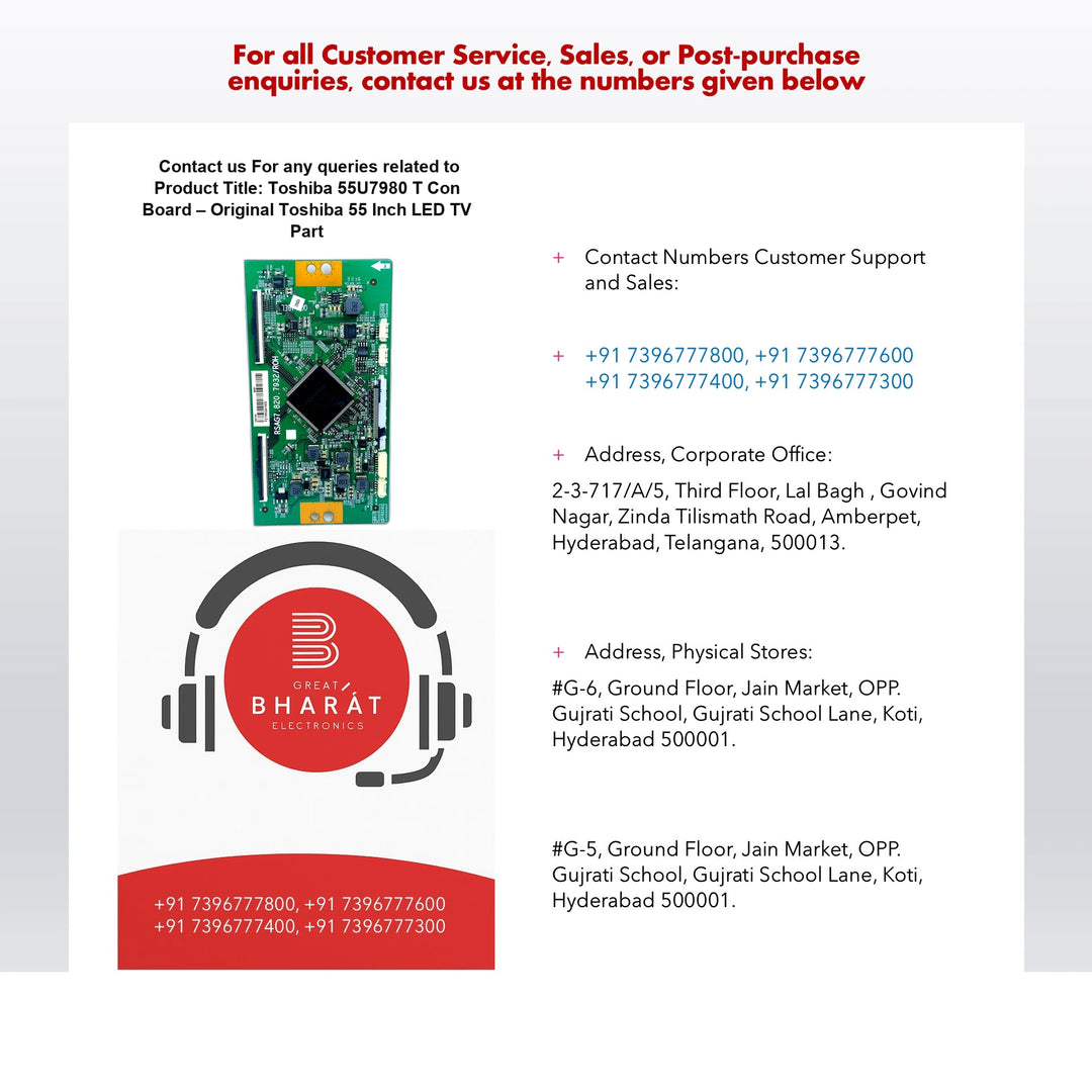 Toshiba 55-inch LED TV circuit board for model 55U7980T with Great Bharat Electronics customer support info