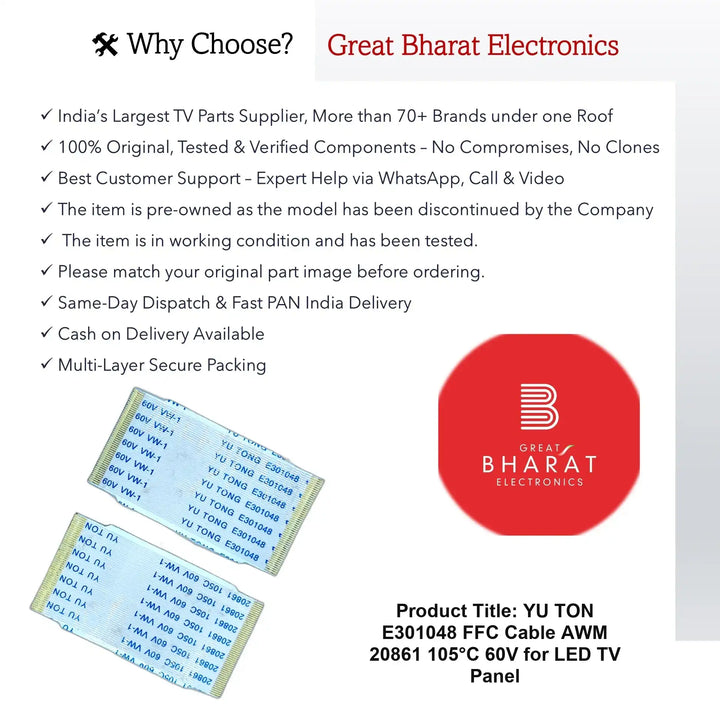 YU TON E301048 FFC Cable AWM 20861 105°C 60V for LED TV Panel - Great Bharat Electronics