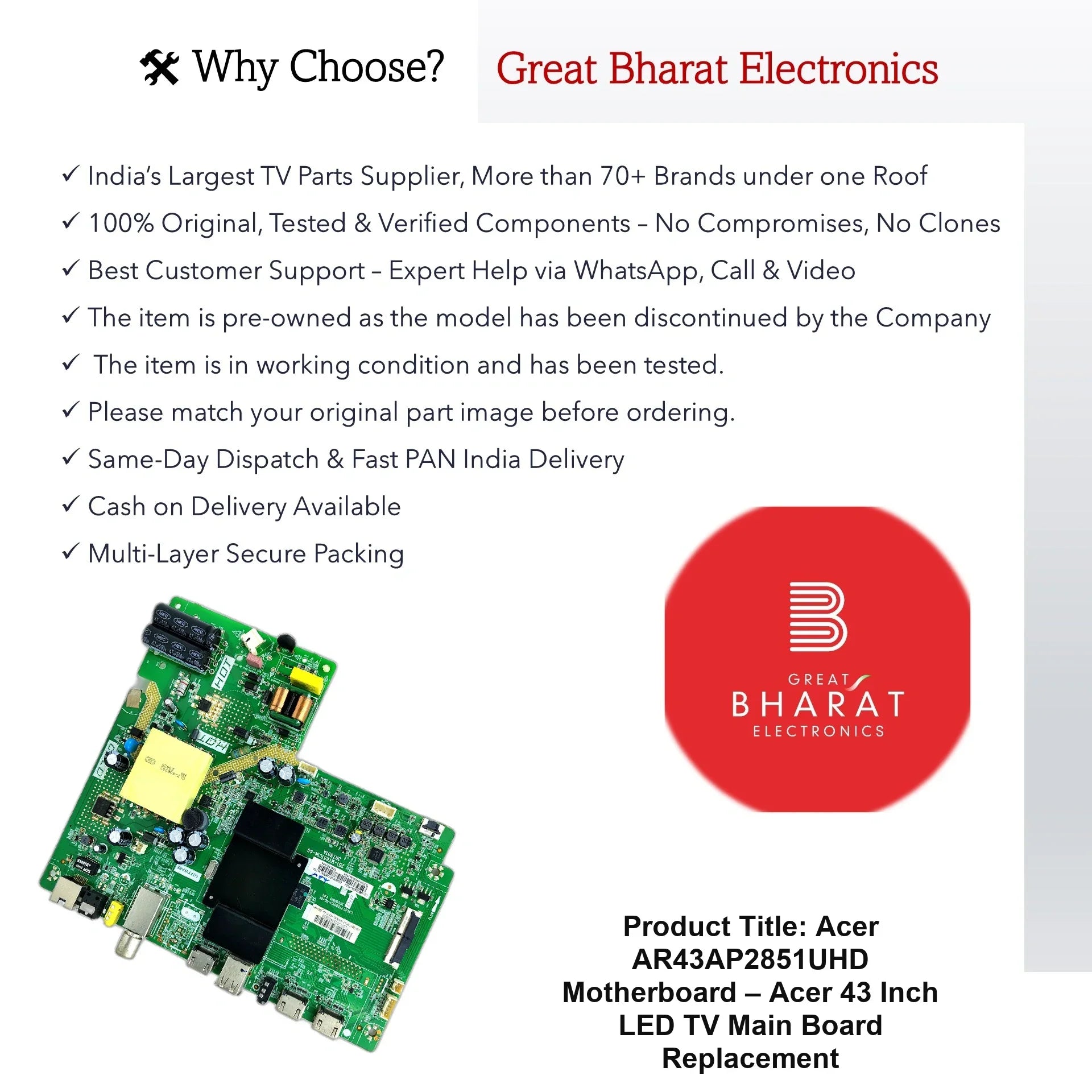 Acer AR43AP2851UHD Motherboard – Acer 43 Inch LED TV Main Board Replacement - Great Bharat Electronics