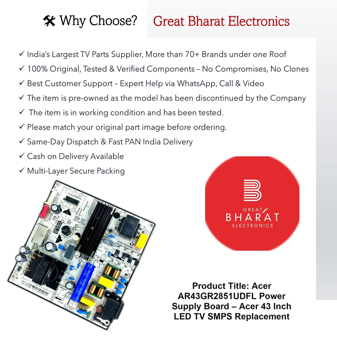 Acer AR43GR2851UDFL Power Supply Board – Acer 43 Inch LED TV SMPS Replacement - Great Bharat Electronics