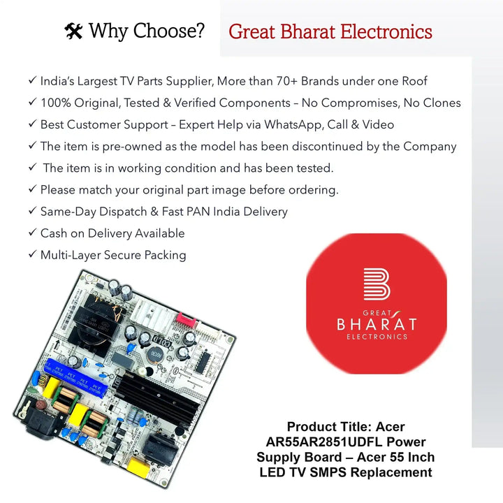 Acer AR55AR2851UDFL Power Supply Board – Acer 55 Inch LED TV SMPS Replacement - Great Bharat Electronics