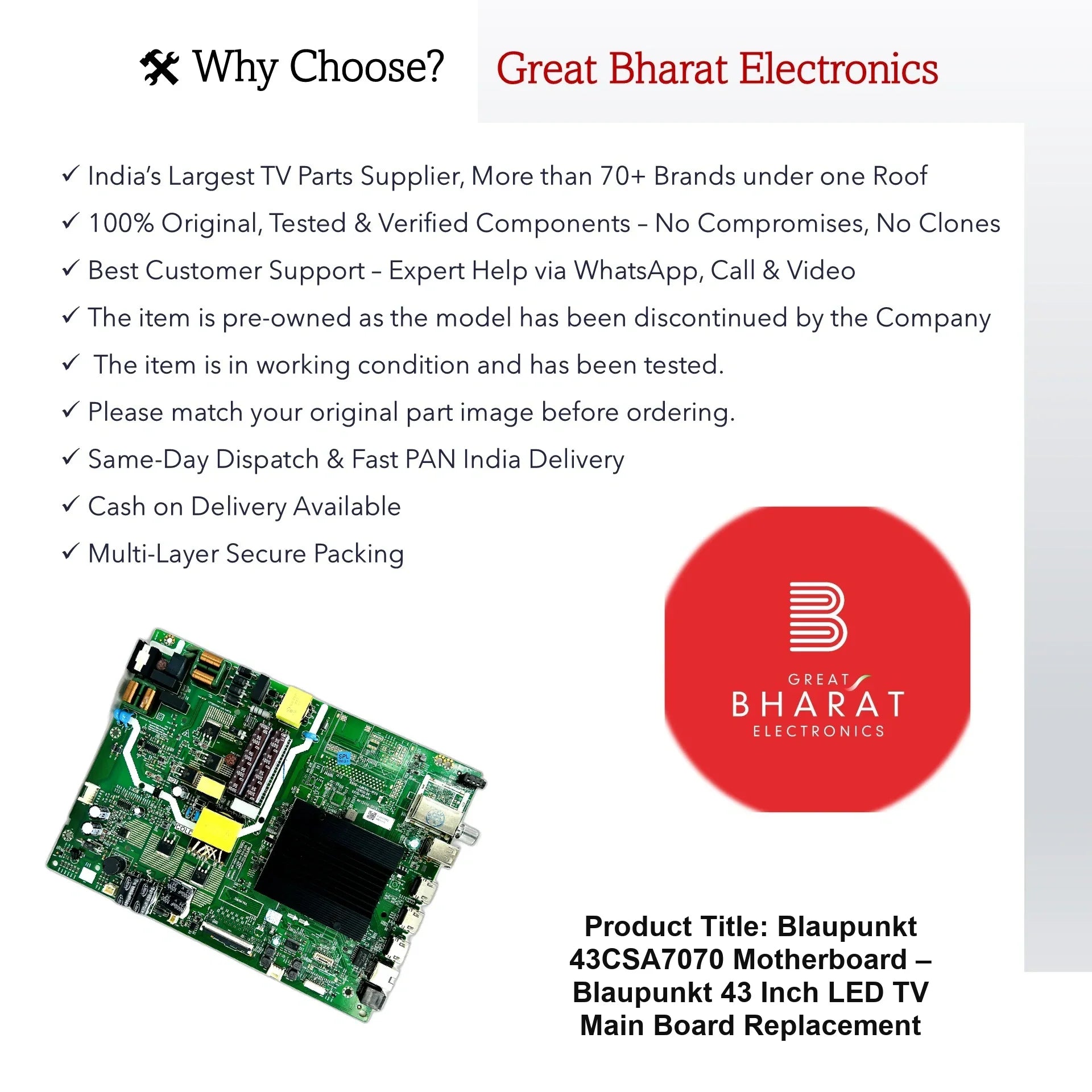 Blaupunkt 43CSA7070 Motherboard – Blaupunkt 43 Inch LED TV Main Board Replacement - Great Bharat Electronics