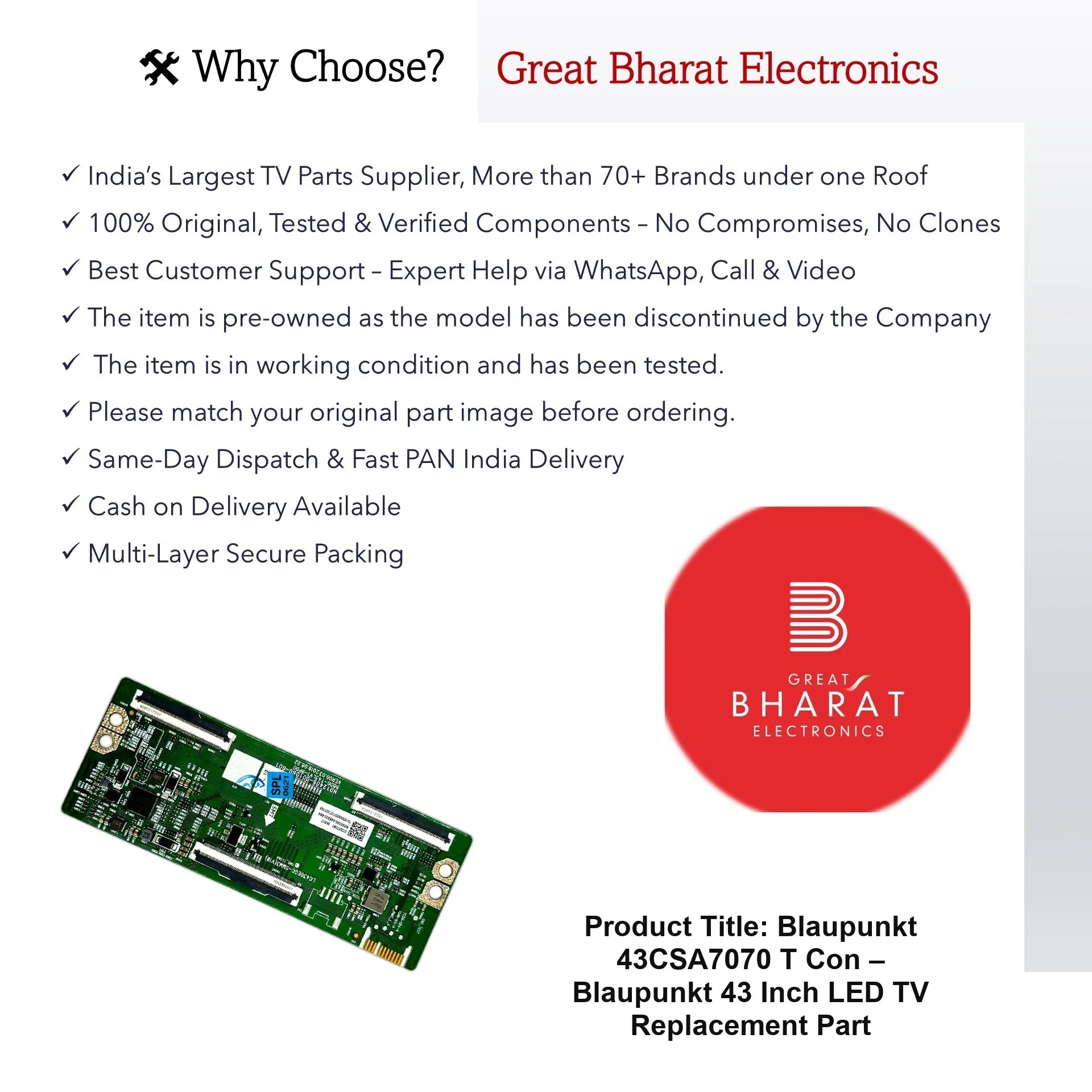 Blaupunkt 43CSA7070 T-Con Board – Blaupunkt 43 Inch LED TV Replacement Part - Great Bharat Electronics