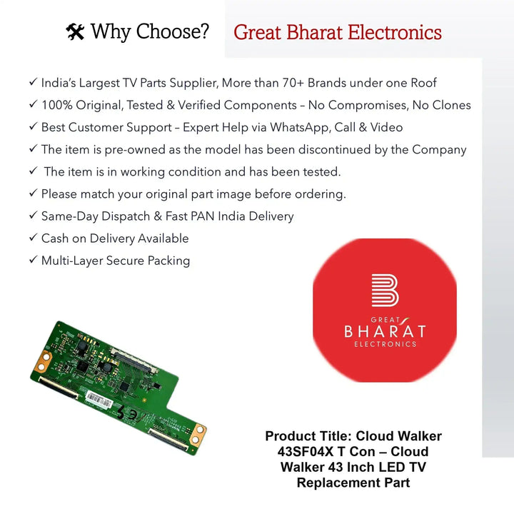Cloud Walker 43SF04X T-Con Board – Cloud Walker 43 Inch LED TV Replacement Part - Great Bharat Electronics