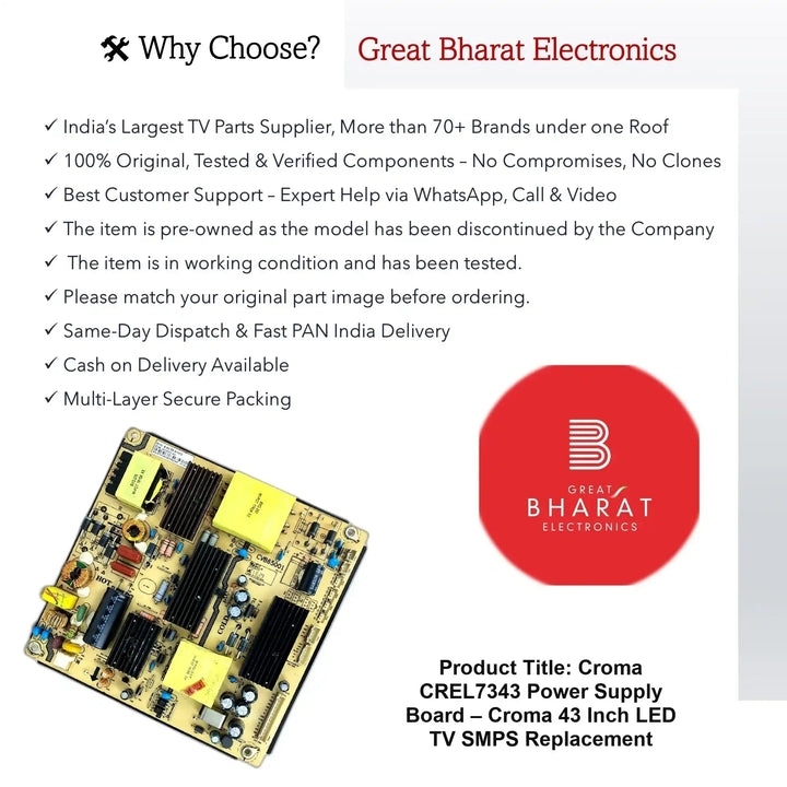 Croma CREL7343 Power Supply Board – Croma 43 Inch LED TV SMPS Replacement - Great Bharat Electronics