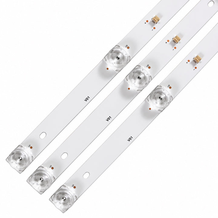 Croma CREL7349 LED backlight strips close-up showing connector, polarity and LED lenses