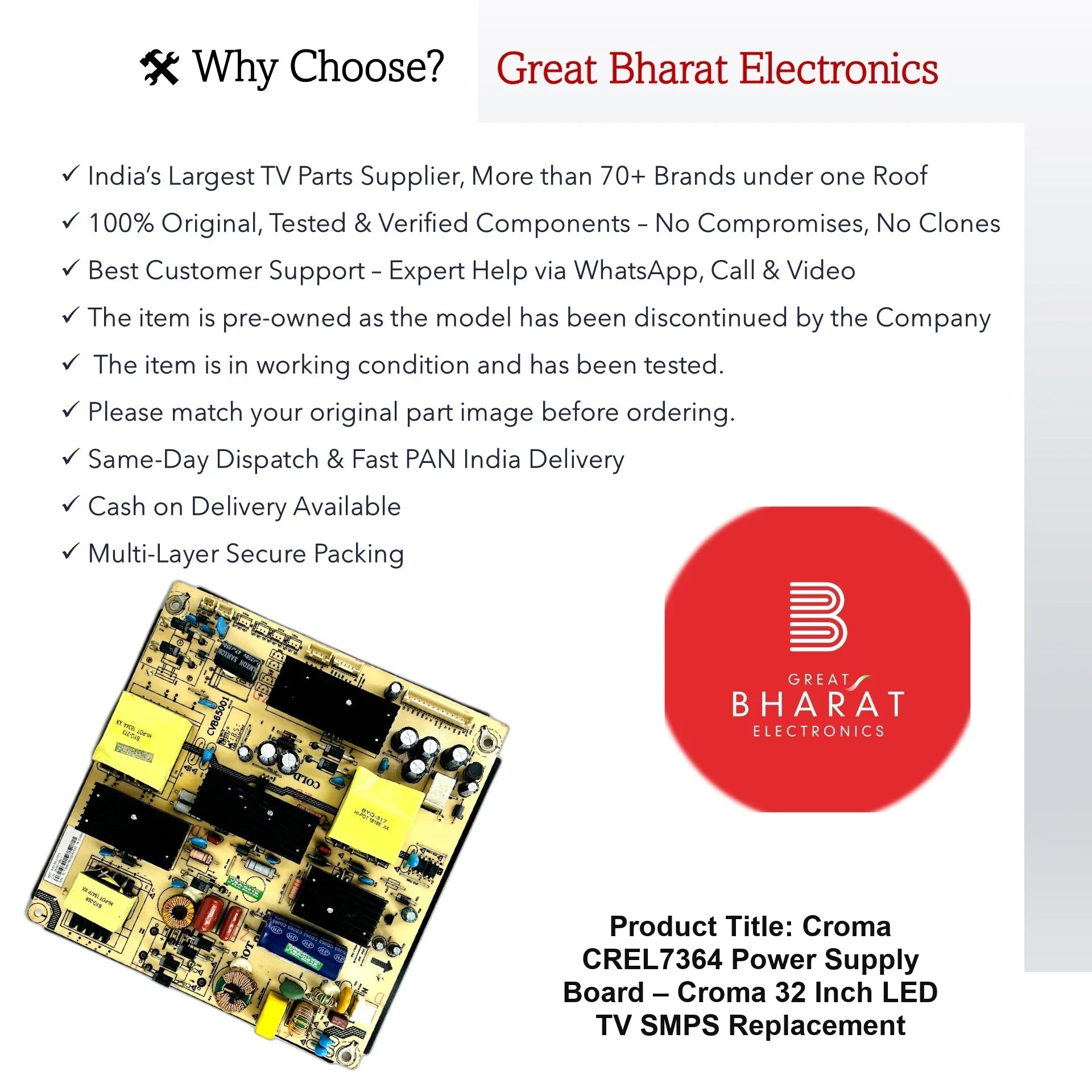 Croma CREL7364 Power Supply Board – Croma 32 Inch LED TV SMPS Replacement - Great Bharat Electronics