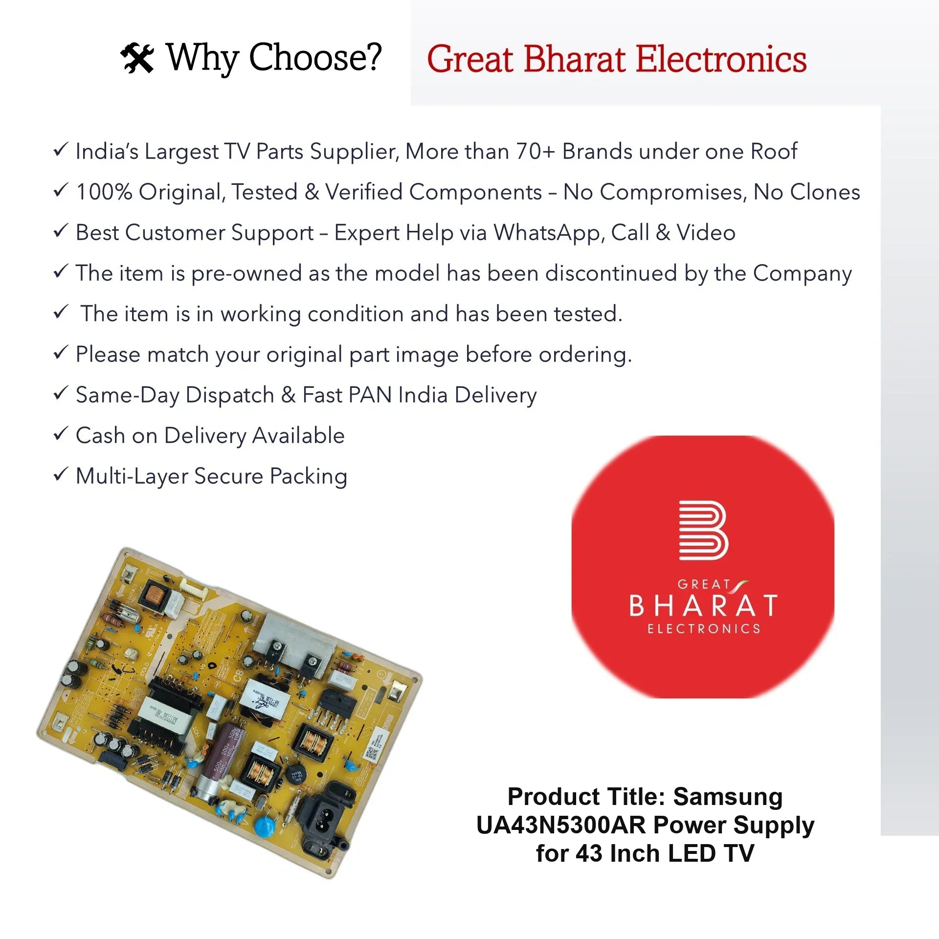 Samsung UA43N5300AR Power Supply for 43 Inch LED TV - Great Bharat Electronics