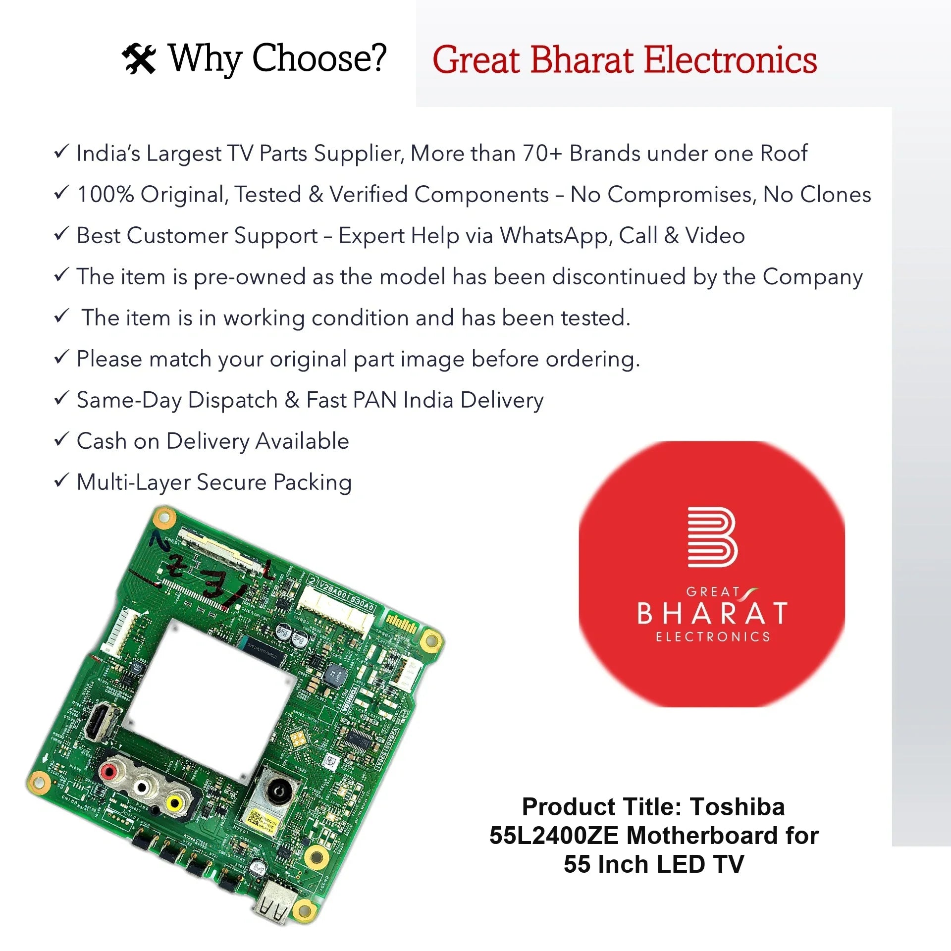 Toshiba 55L2400ZE Motherboard for 55 Inch LED TV - Great Bharat Electronics