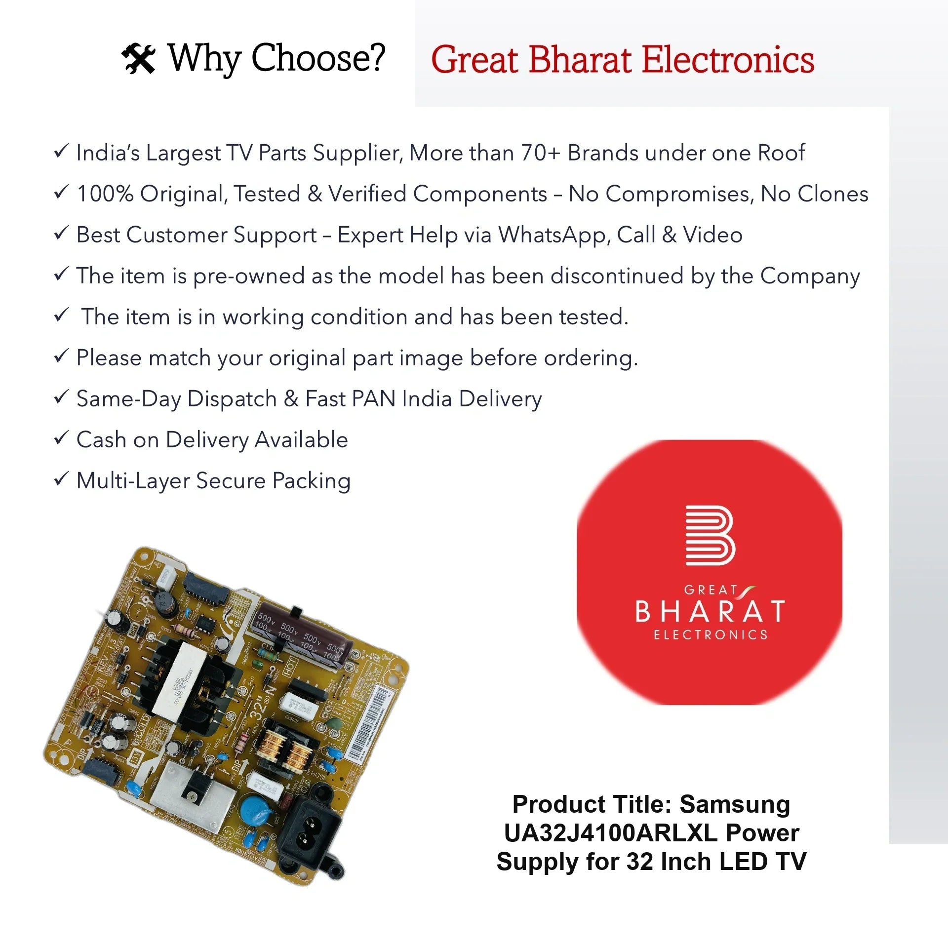 Samsung UA32J4100ARLXL Power Supply for 32 Inch LED TV - Great Bharat Electronics