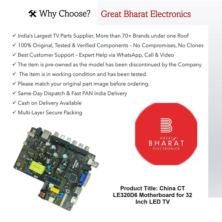 China CT-LE320D6 Motherboard for 32 Inch LED TV - Great Bharat Electronics