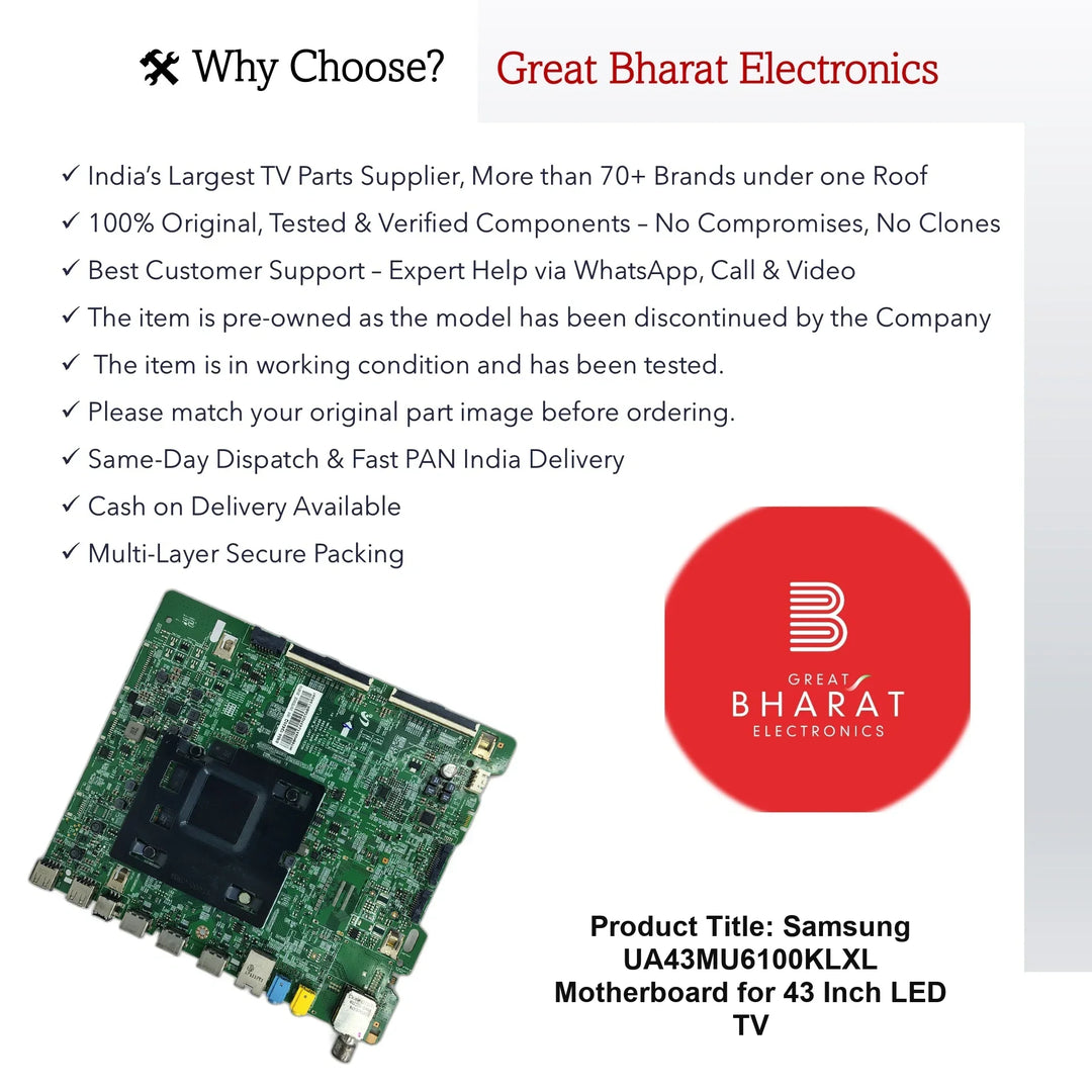 Samsung UA43MU6100KLXL Motherboard for 43 Inch LED TV - Great Bharat Electronics