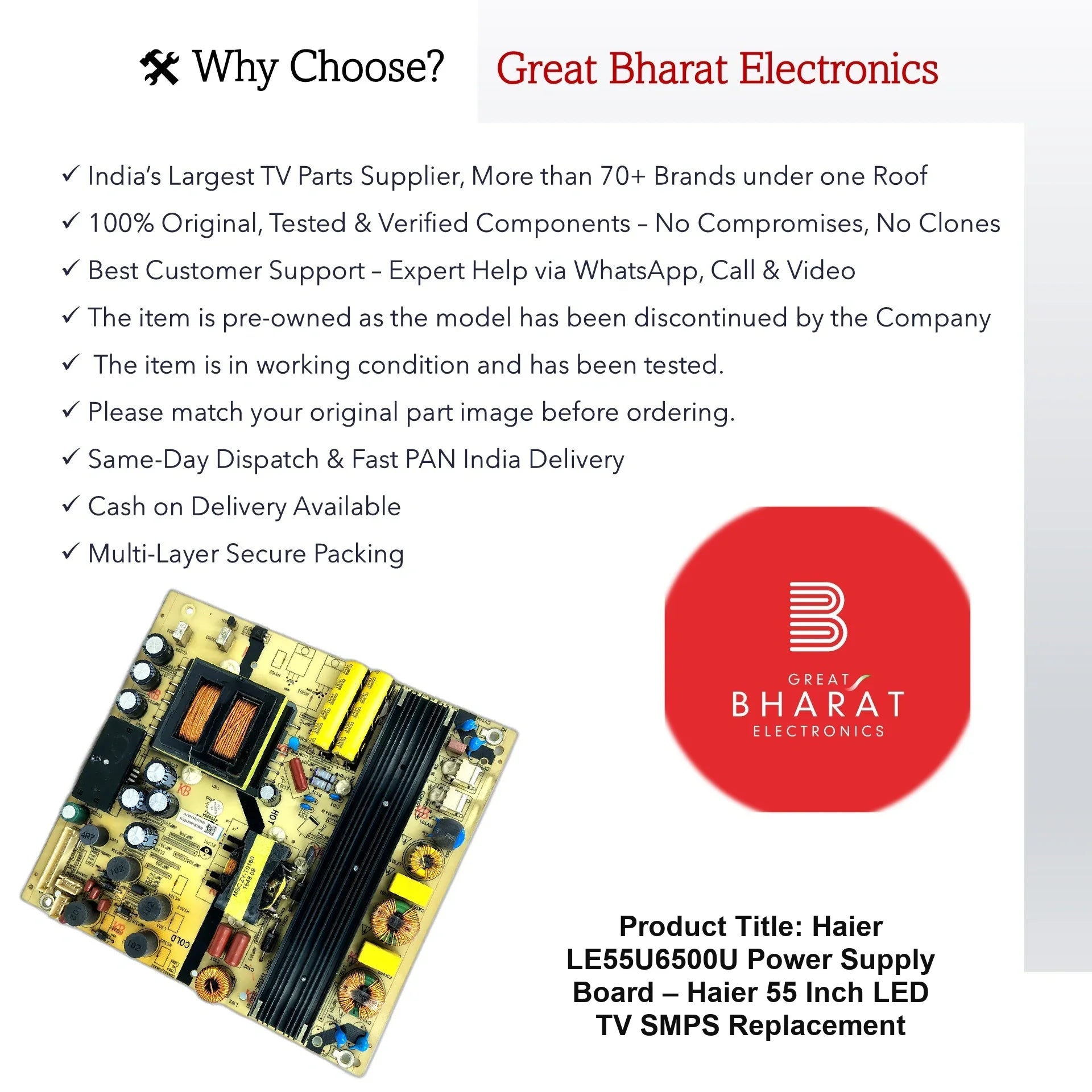 Haier LE55U6500U Power Supply Board – Haier 55 Inch LED TV SMPS Replacement - Great Bharat Electronics