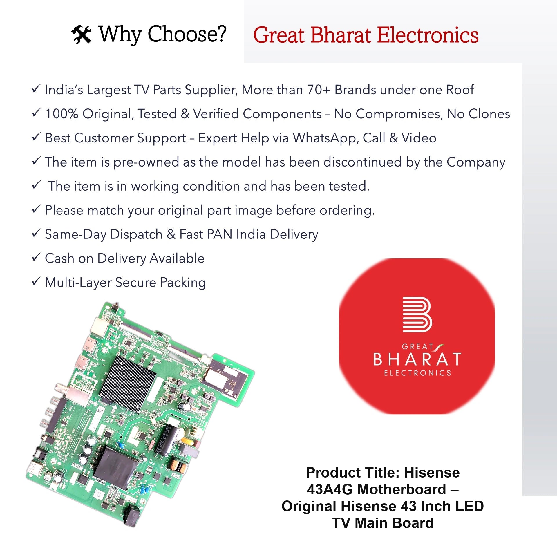 Hisense 43A4G Motherboard – Original Hisense 43 Inch LED TV Main Board - Great Bharat Electronics