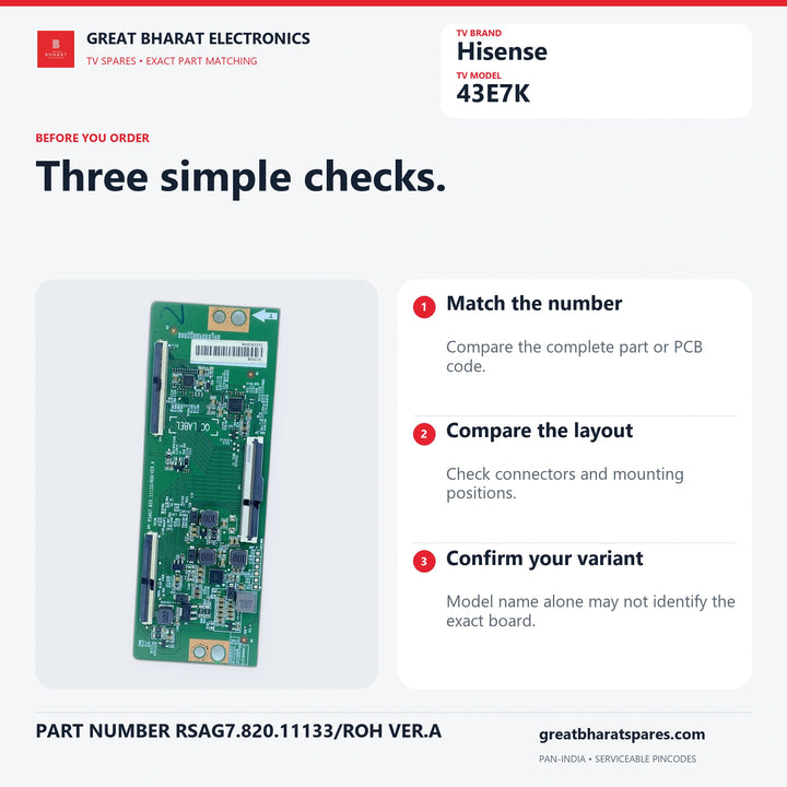 Hisense 43E7K T-Con board ordering checklist: match board numbers, compare the layout and confirm the TV variant