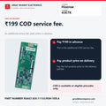 Hisense 43E7K T-Con board cash-on-delivery terms: additional Rs 199 fee paid online in advance and full product price payable on delivery at eligible pincodes