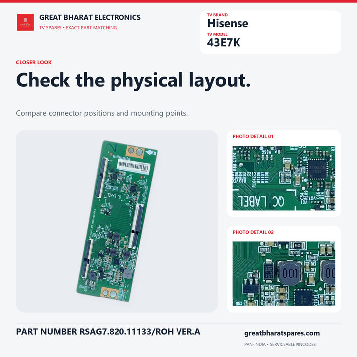 Hisense 43E7K T-Con board physical layout and component close-ups for comparing connector positions and mounting points