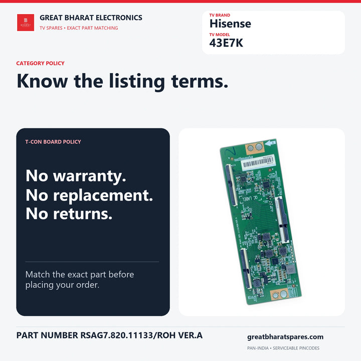 Hisense 43E7K T-Con board category policy: no warranty, no replacement and no returns; match the exact part before ordering