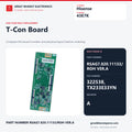 Hisense 43E7K T-Con board overview with part number RSAG7.820.11133/ROH VER.A and label markings 322538 and TX233E33YN