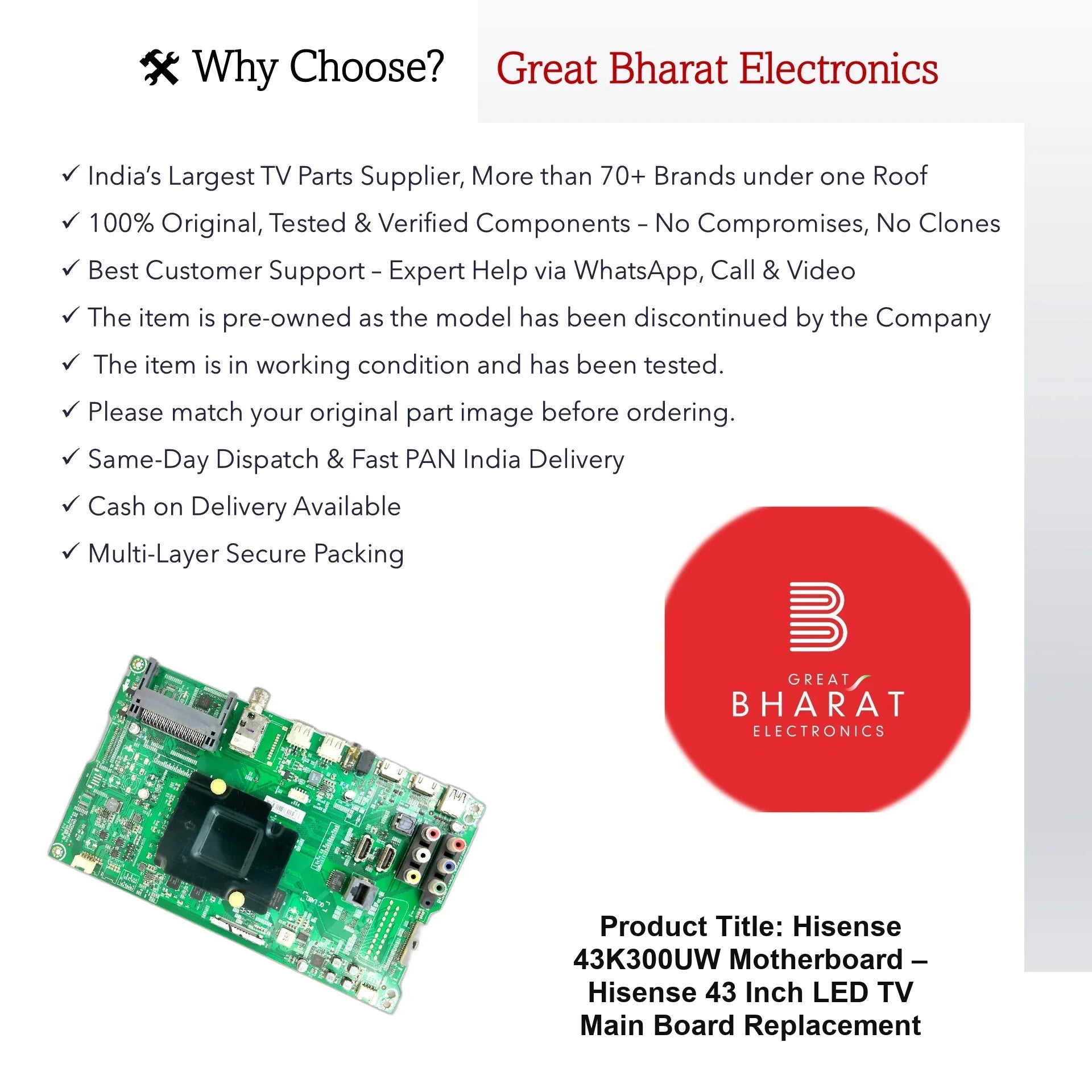 Hisense 43K300UW Motherboard – Hisense 43 Inch LED TV Main Board Replacement - Great Bharat Electronics
