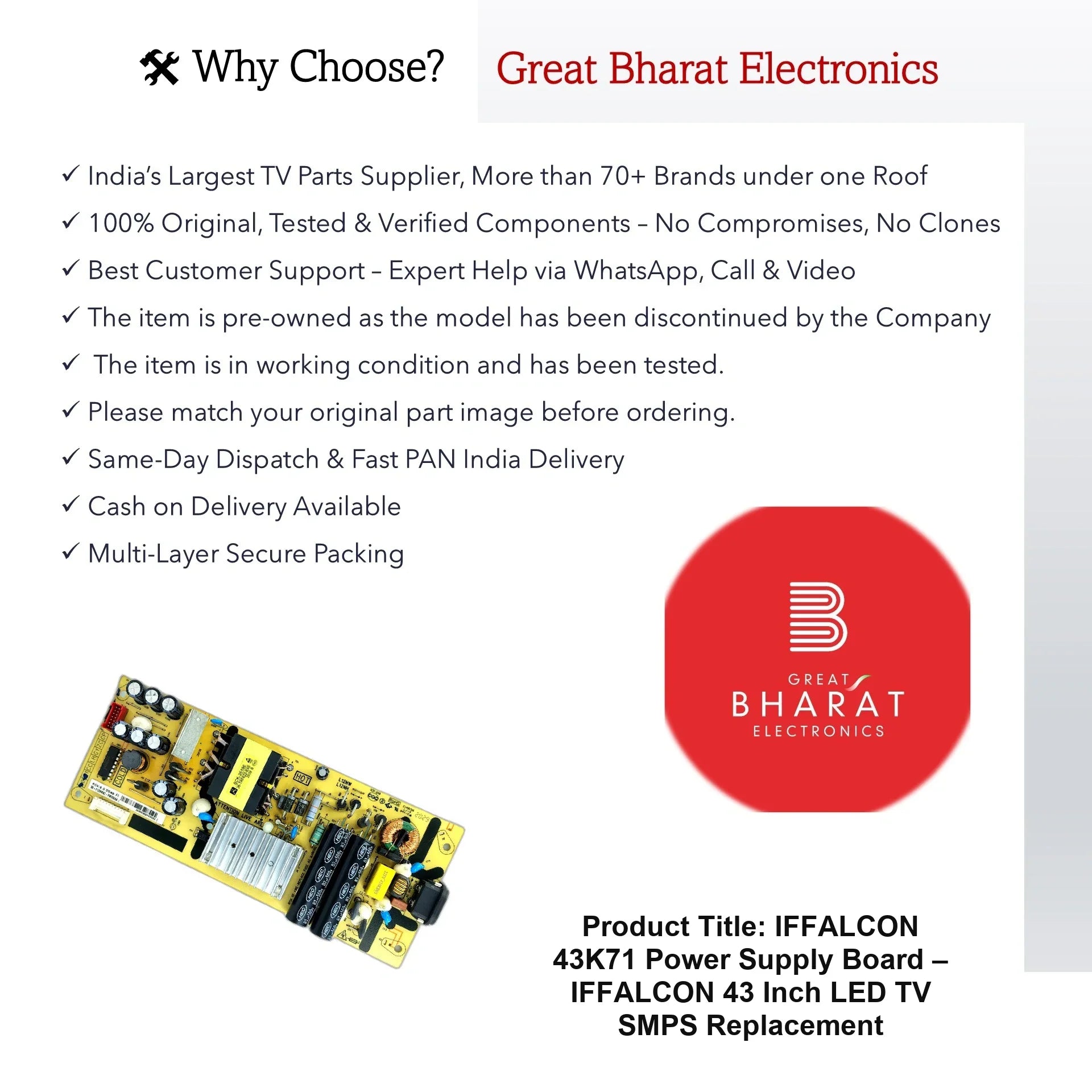iFFALCON 43K71 Power Supply Board – iFFALCON 43 Inch LED TV SMPS Replacement - Great Bharat Electronics