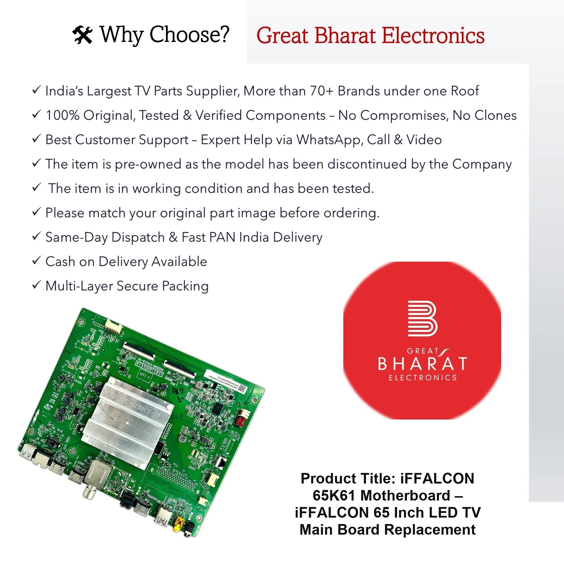iFFALCON 65K61 Motherboard – iFFALCON 65 Inch LED TV Main Board Replacement - Great Bharat Electronics