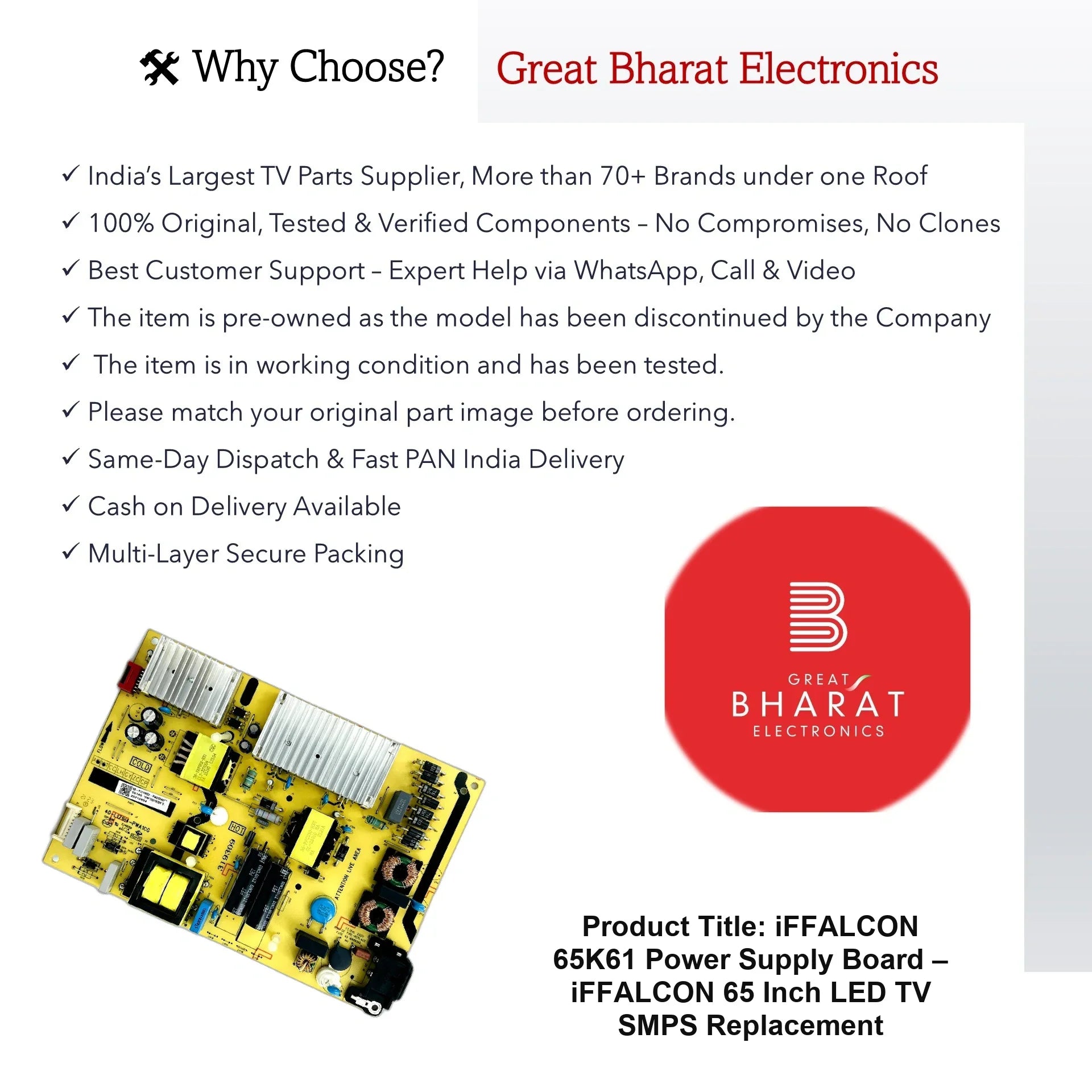 iFFALCON 65K61 Power Supply Board – iFFALCON 65 Inch LED TV SMPS Replacement - Great Bharat Electronics