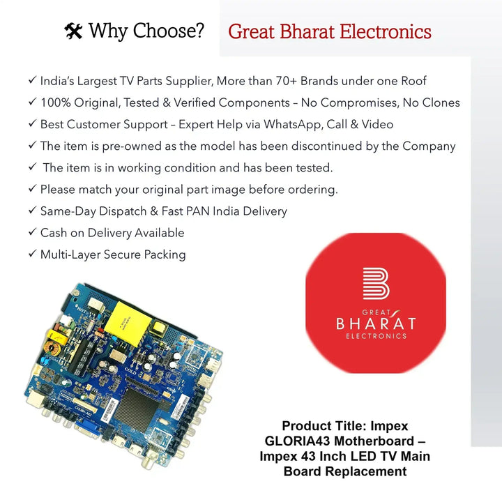 Impex GLORIA43 Motherboard – Impex 43 Inch LED TV Main Board Replacement - Great Bharat Electronics