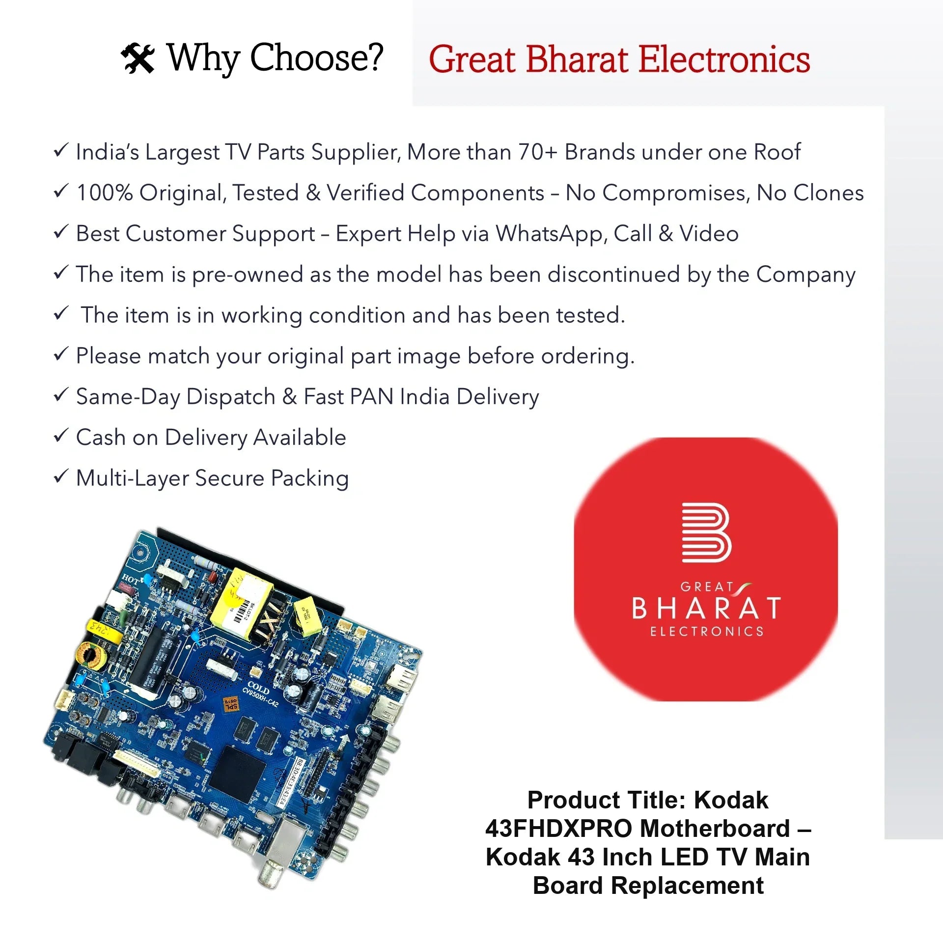 Kodak 43FHDXPRO Motherboard – Kodak 43 Inch LED TV Main Board Replacement - Great Bharat Electronics
