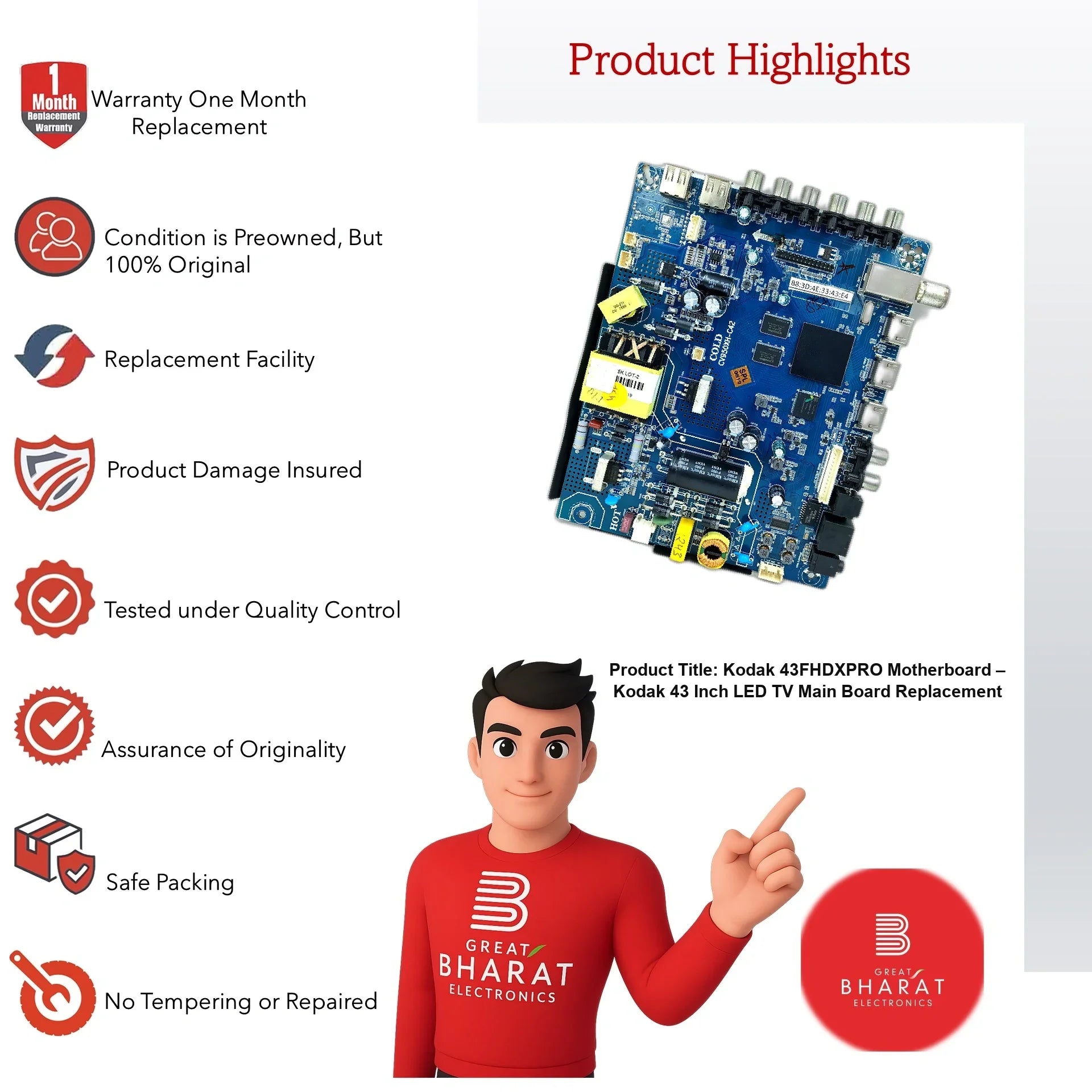 Kodak 43FHDXPRO Motherboard – Kodak 43 Inch LED TV Main Board Replacement - Great Bharat Electronics