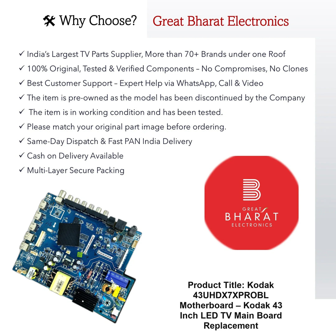 Kodak 43UHDX7XPROBL Motherboard – Kodak 43 Inch LED TV Main Board Replacement - Great Bharat Electronics