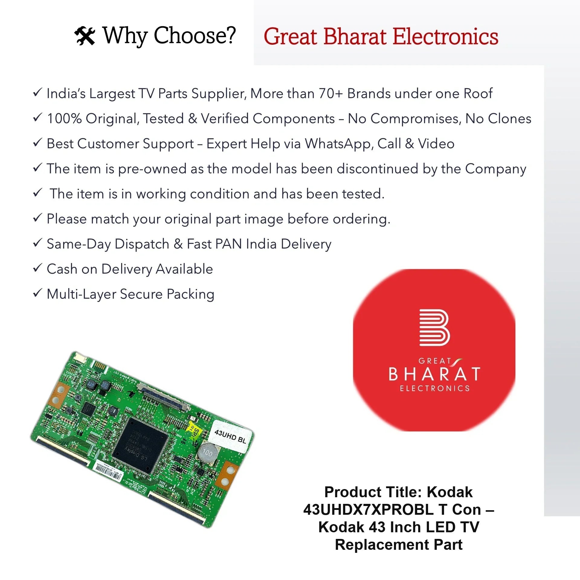 Kodak 43UHDX7XPROBL T-Con Board – Kodak 43 Inch LED TV Replacement Part - Great Bharat Electronics