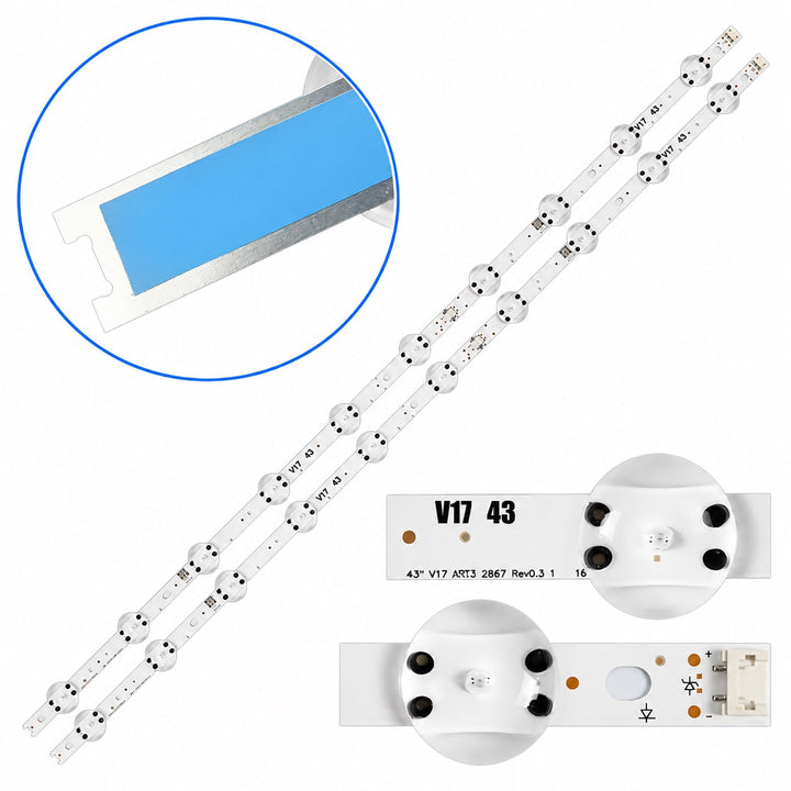 LG 43LG65CJ LED TV backlight complete set of 2 strips, 10 LEDs per strip, 20 LEDs total, 3V